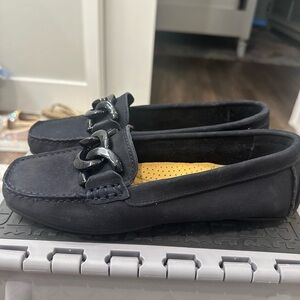 Saks Fifth Avenue Navy Blue Moccasins with Chain Detail